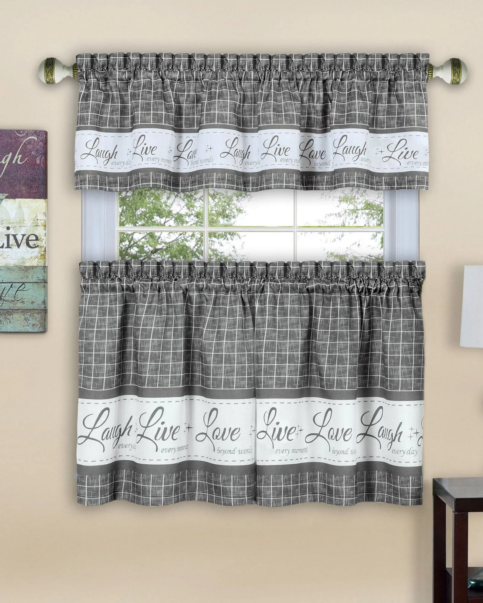 Achim Live Love Laugh Window Curtain Tier Pair and Valance Set Navy