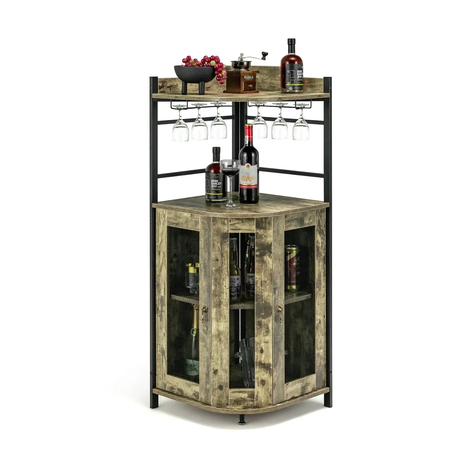 Industrial Corner Bar Cabinet with Glass Holder and Adjustable Shelf-Rustic Brown | Costway