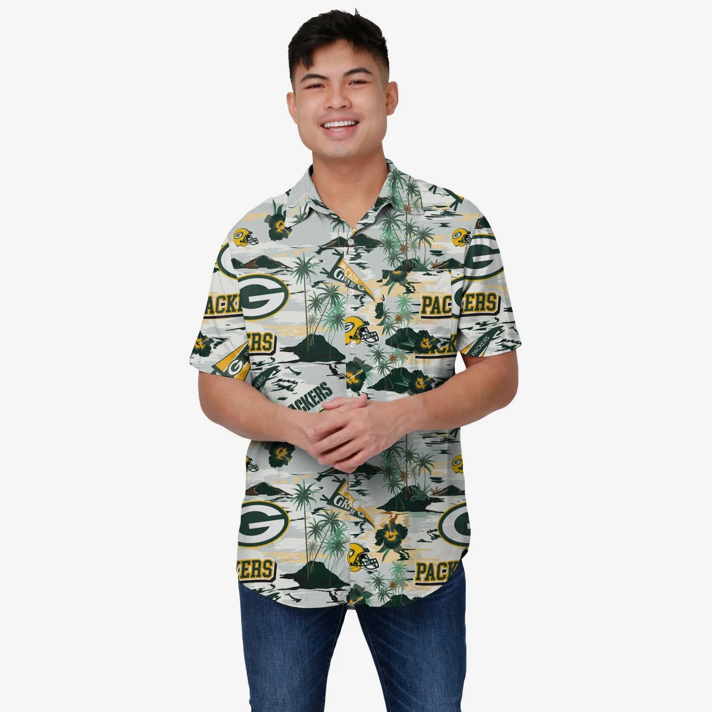 FOCO Green Bay Packers NFL Mens Thematic Stadium Print Button Up Shirt