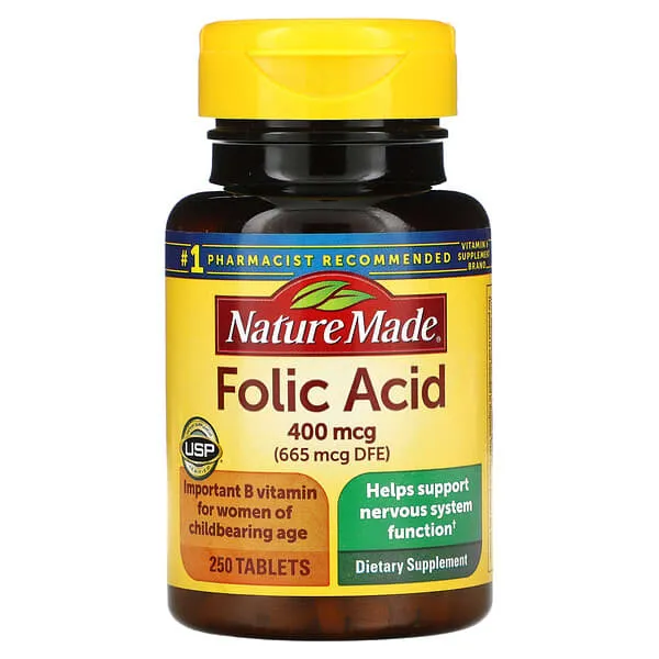 Nature Made Folic Acid 400 mcg (665 mcg DFE) Tablets, Dietary Supplement, 250 Count