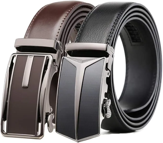 Founders & C Mens Belt 2 Pack,Leather Ratchet Click Belt Dress with Slide Buckle 1 3/8" in Gift Set Box- Size Adjustable