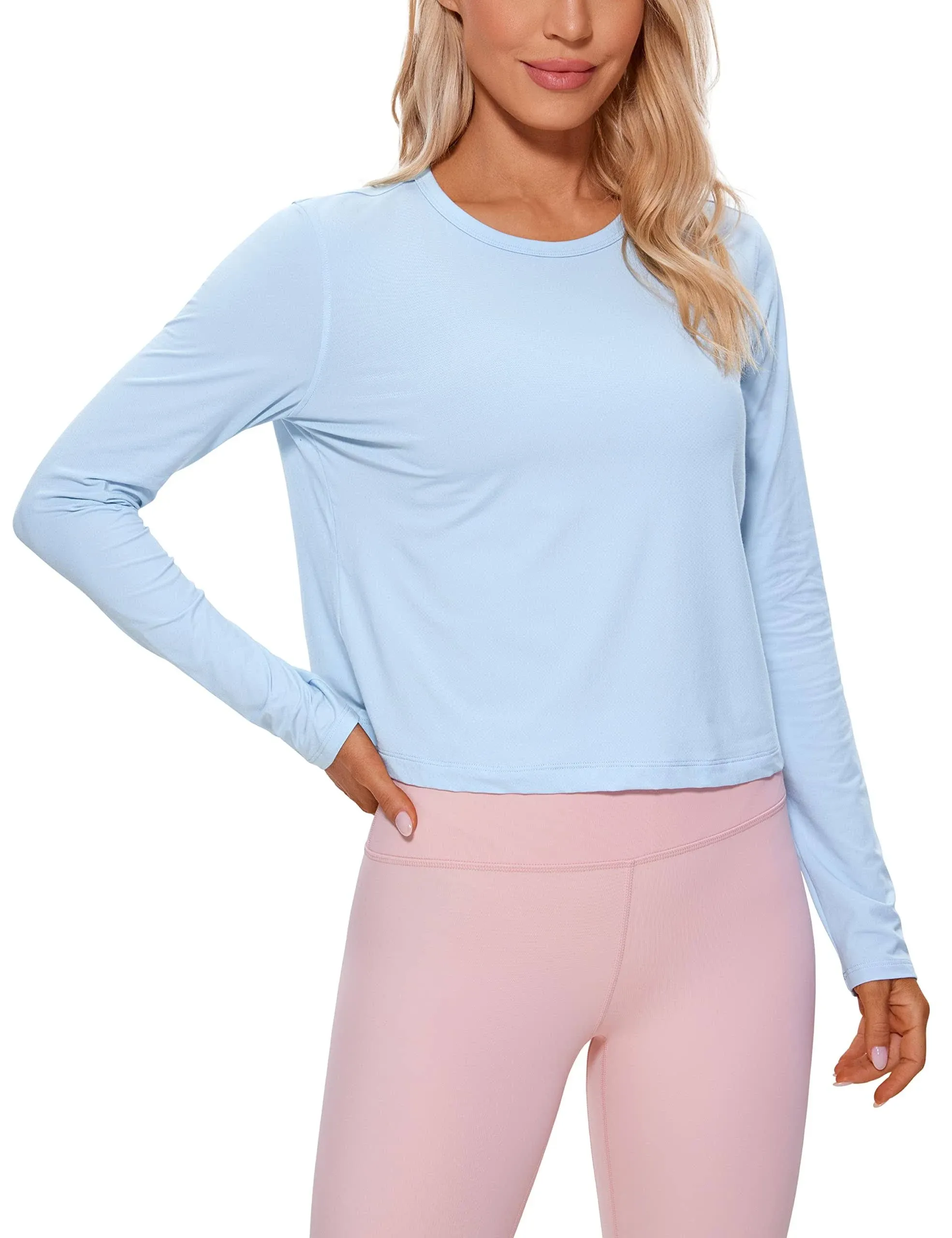 CRZ Yoga Women's Yoga Loose Fit Tops Pima Cotton Cropped Long Sleeve Blue Linen / L