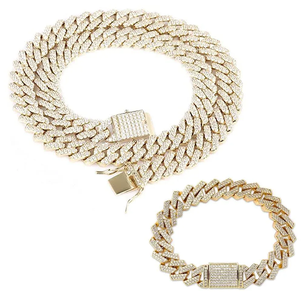 EMESLY Solid Miami Cuban Link Chain Gold/Silver Necklace (16, 18, 20, 22, 24, 30 Inches Length); Hip Hop Bracelet (8" Length) for Men & Women; Perfect Iced Out Bling Jewelry Gift