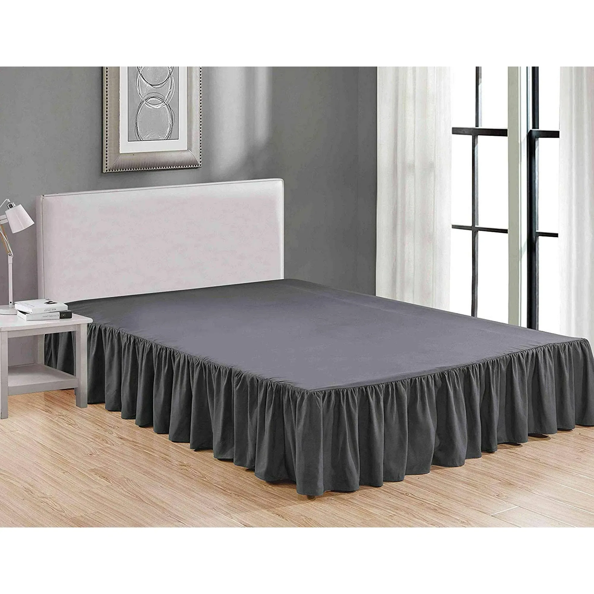 Sheets & Beyond Wrap Around Solid Microfiber Luxury Hotel Quality Fabric Bedroom Gathered Ruffled Bedding Bed Skirt 14 inch Drop (Full, Charcoal)