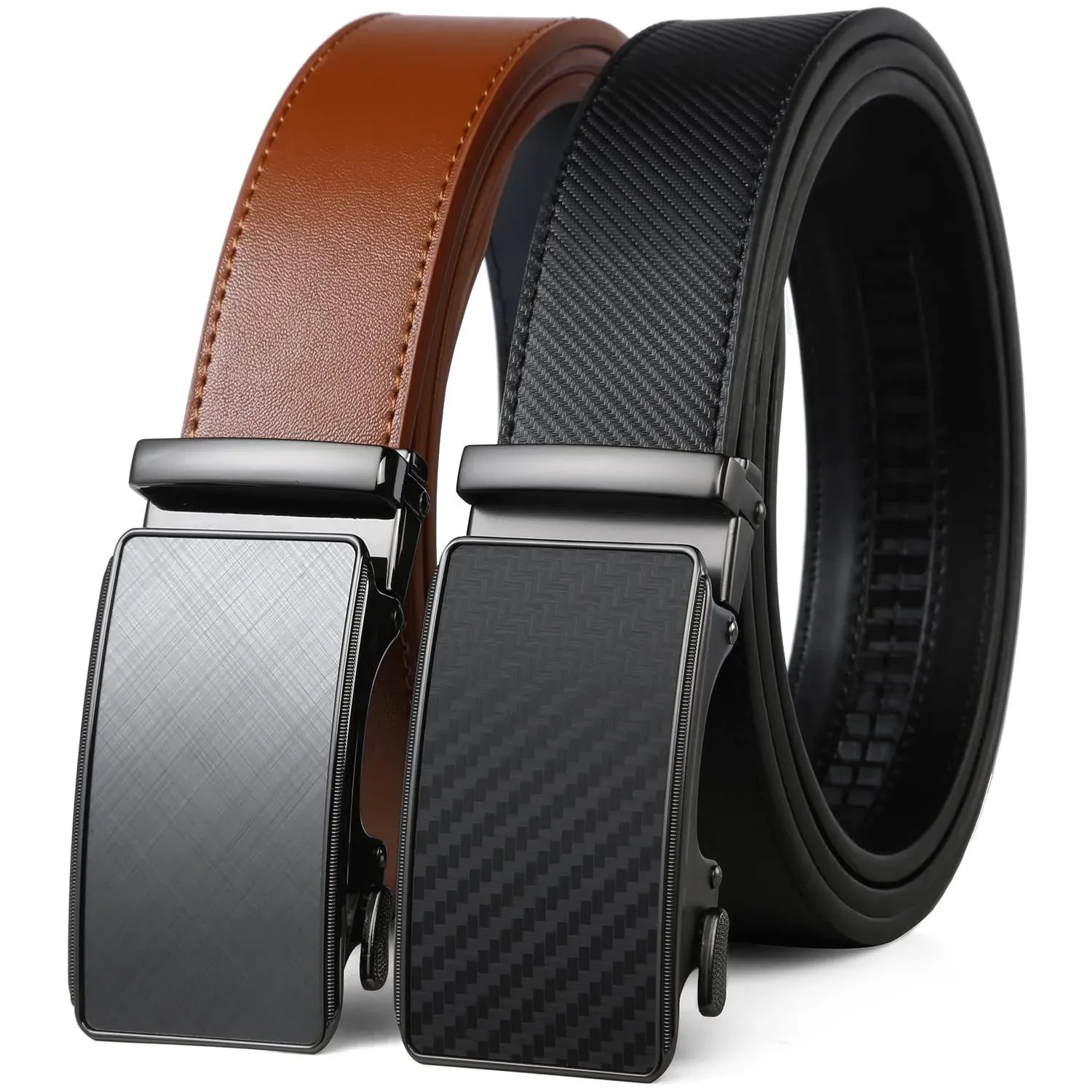 2 Pack Ratchet Belt 1 3/8", Mens leather Dress Belt in Gift Set Size 28"-62" Adjustable waist Trim to Fit