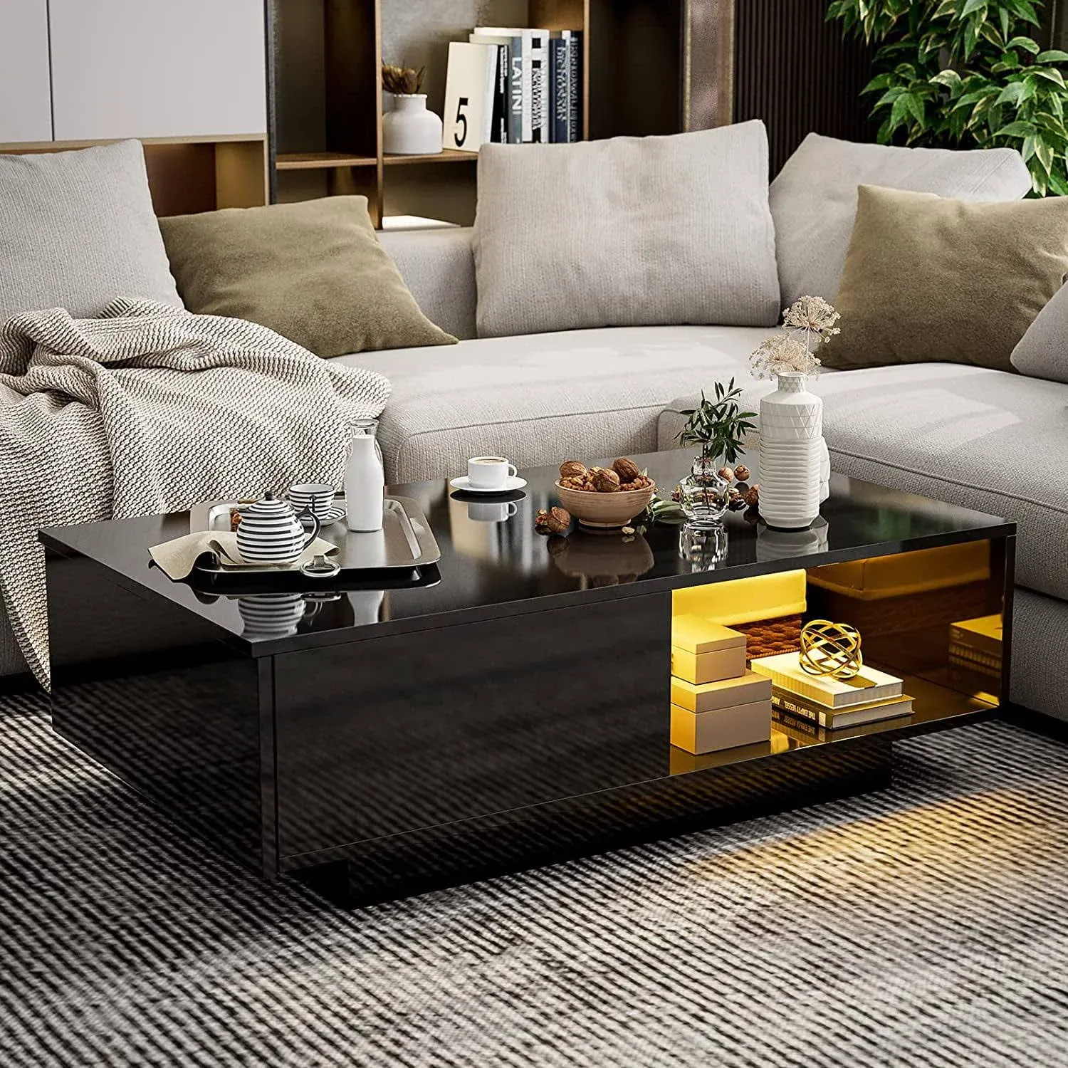 IKIFLY Modern High Glossy Coffee Table with 16 Colors LED Light, Rectangle Cocktail Coffee Table, LED End Table with Drawer for Home Living Room Office Furniture (Black)