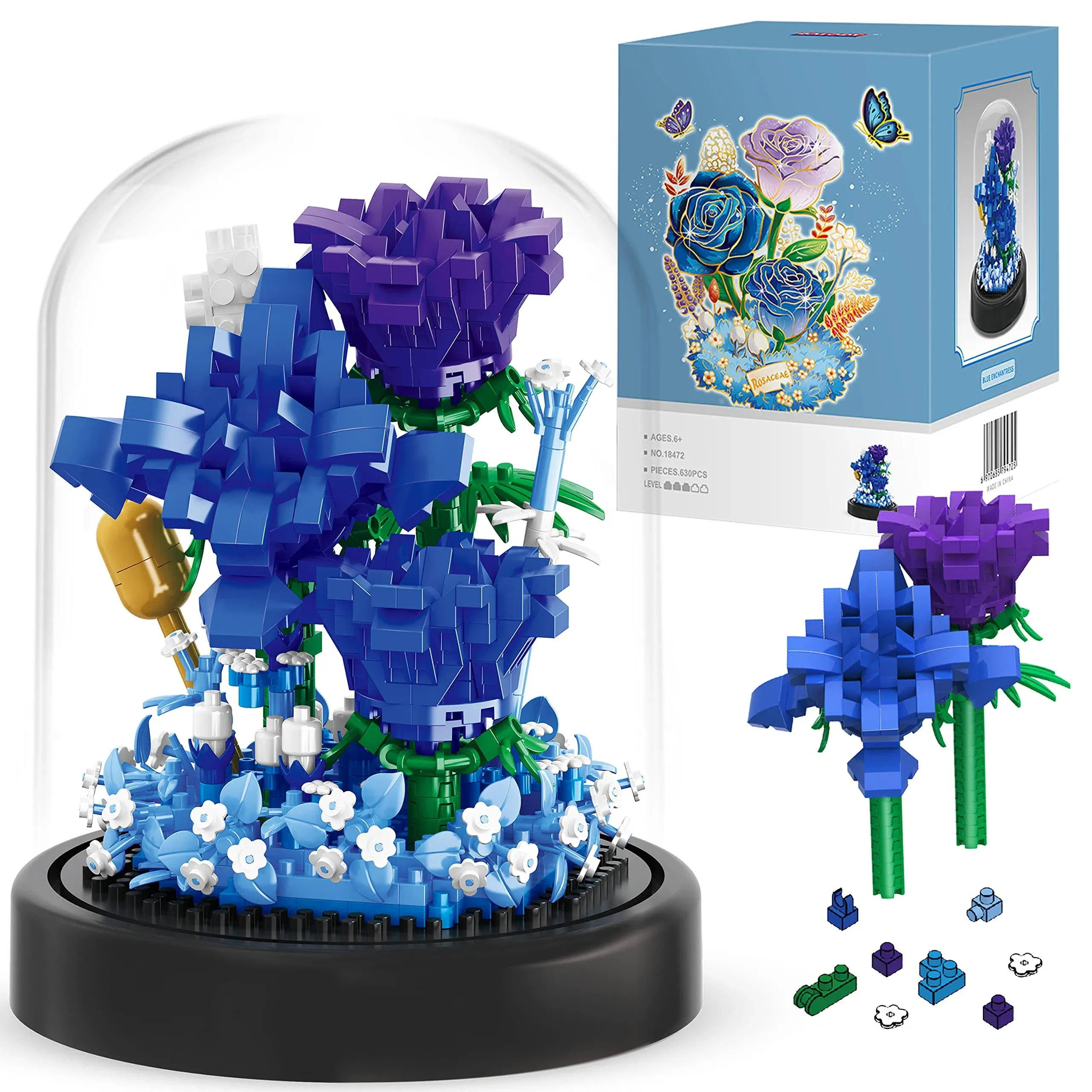 Cieyan Flower Bouquets Building Sets, 630pcs Blue Rose Building Blocks with Dust ...