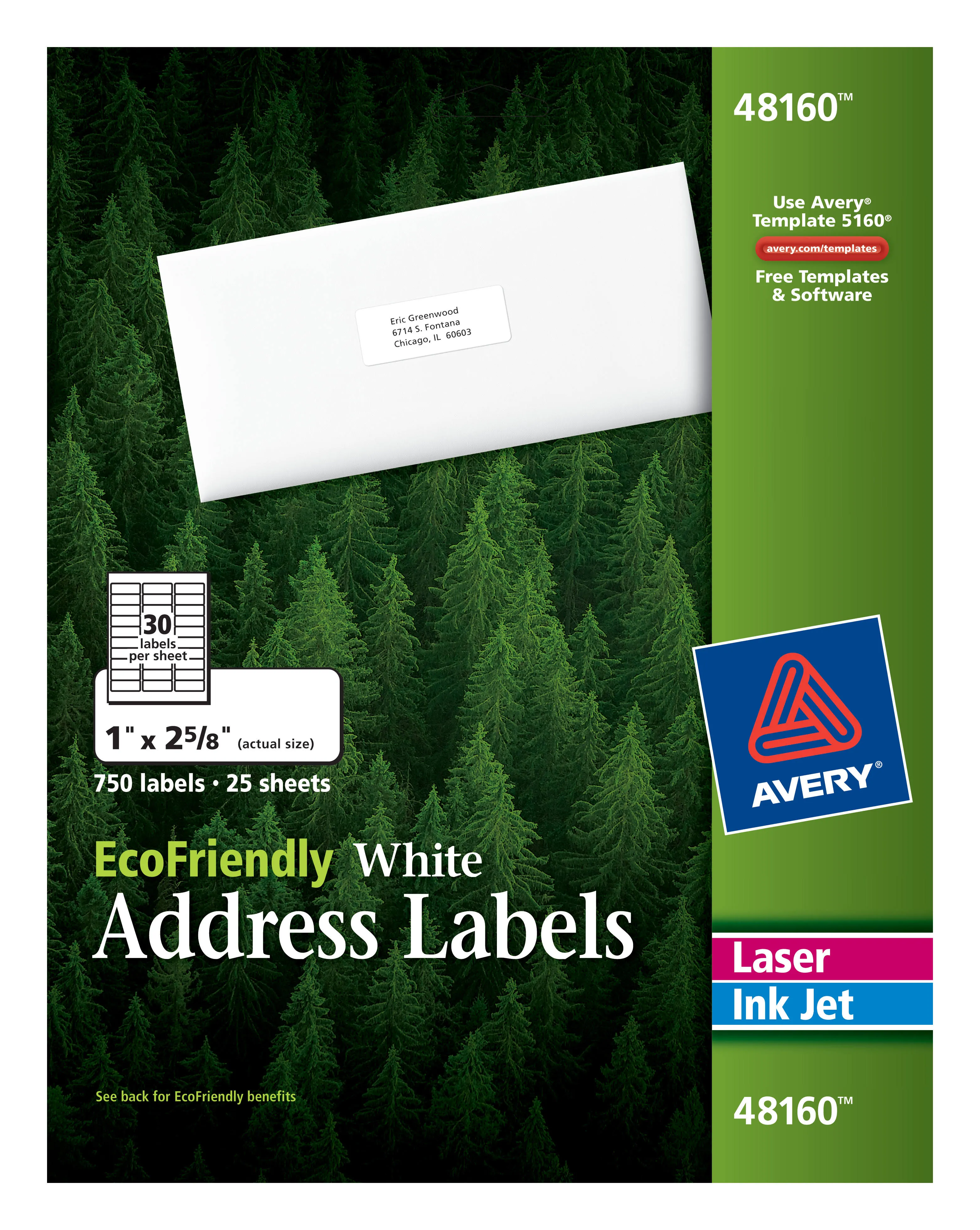 Avery&#xAE; 48160 Eco-Friendly 1&quot; x 2 5/8&quot; White Rectangle Address Labels - 750/Pack