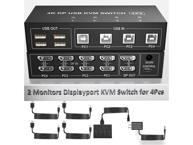 clickfish 8K60Hz USB 30 DisplayPort KVM Switch 2 Monitors 4 Computers Dual Monitor KVM Switch with Audio Output and 3 USB 30 Ports 4