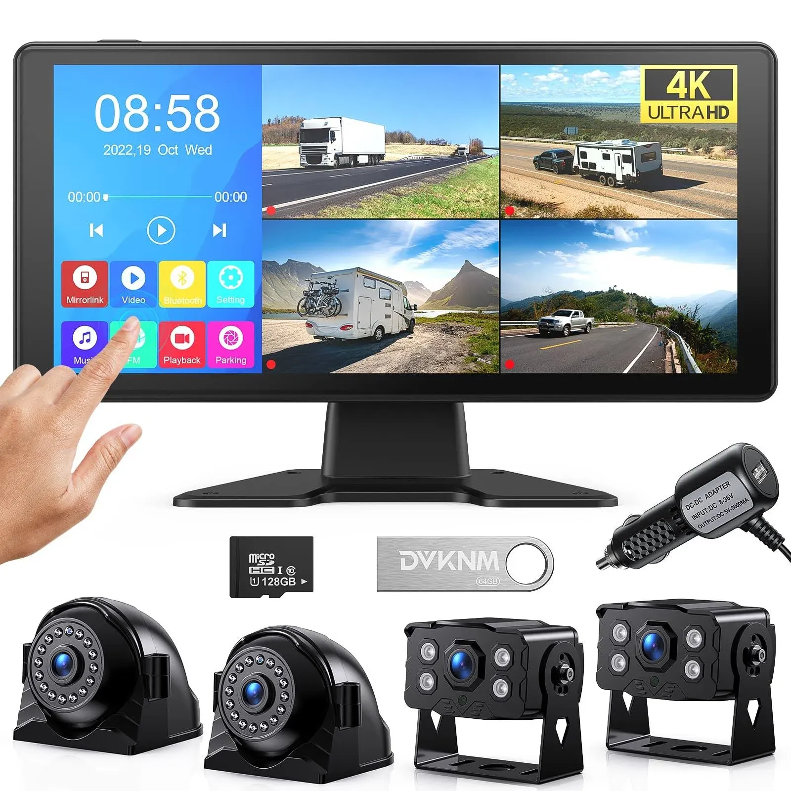 Dvknm 4K RV Backup Camera System 10.36" Quad Split Touch Screen Monitor 4 1080p ...