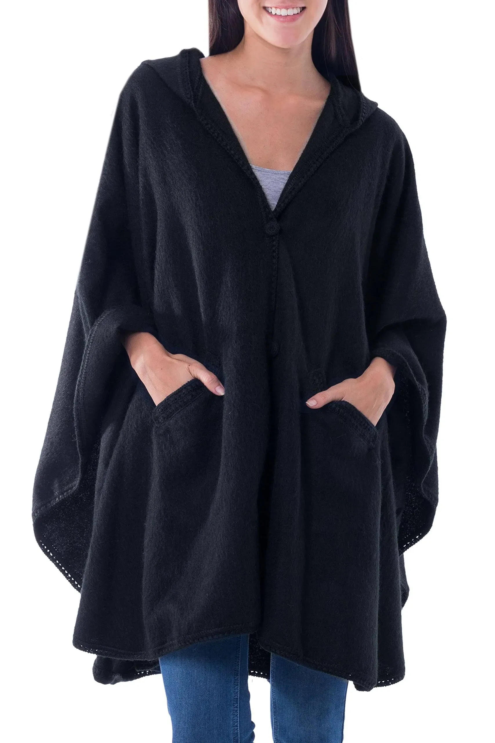 NOVICA Artisan Handmade Alpaca Blend Hooded Ruana Cape Andean with Acrylic Wool Clothing Wraps Ruanas Black Solid Peru ' Glamorous Night'