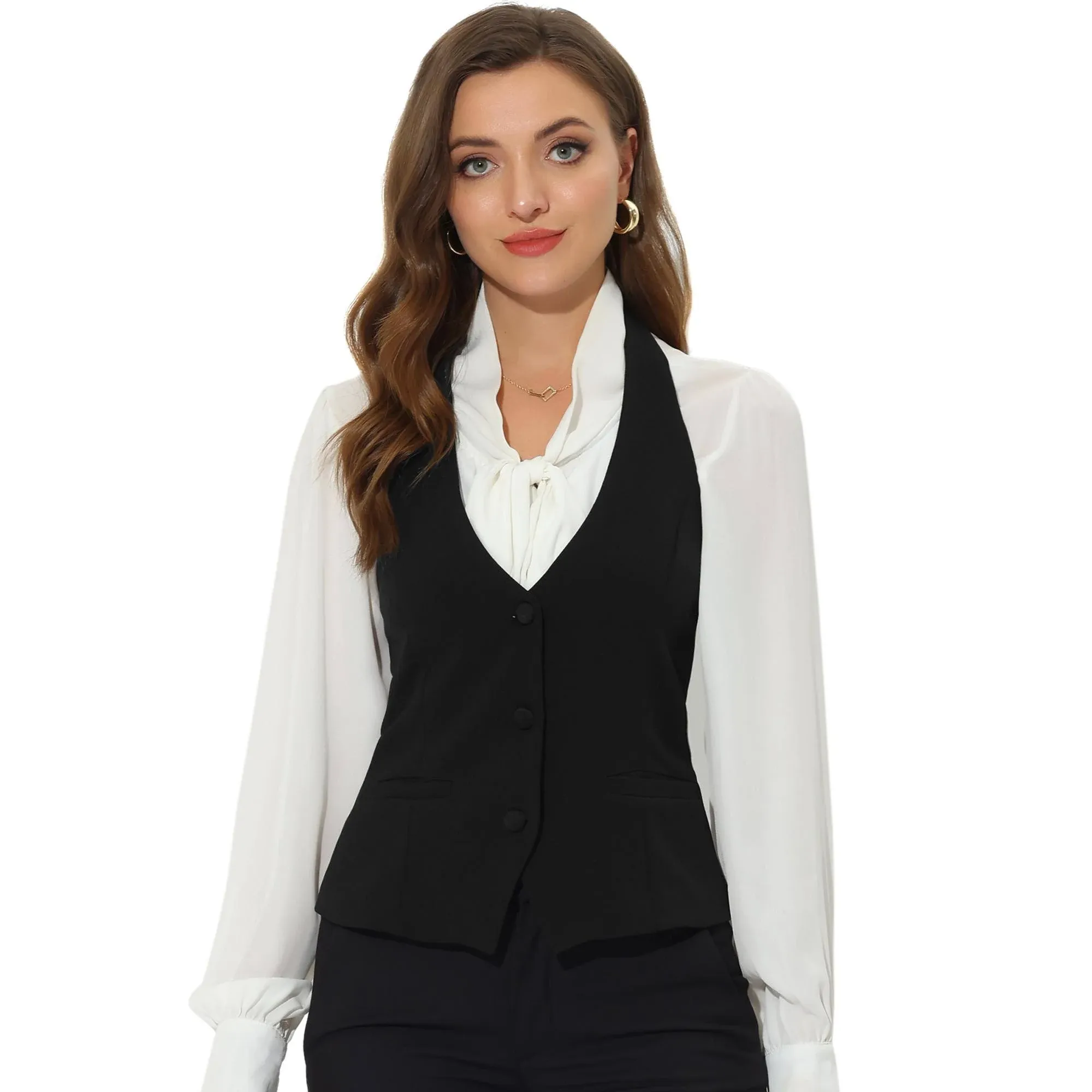 Allegra K Women's Waistcoat Halter Neck Vintage Sleeveless Button Down Dressy Suit Vest Jacket