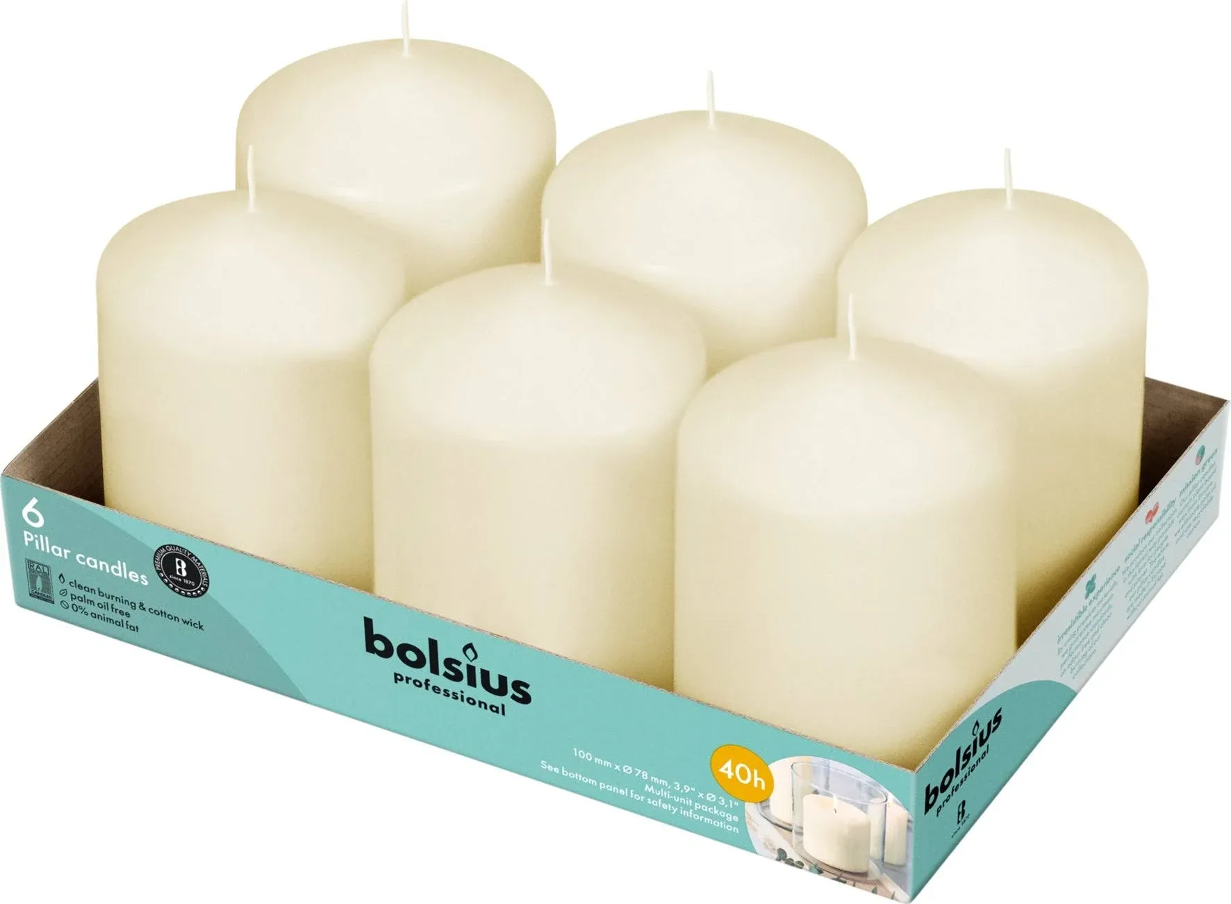 BOLSIUS 6 Ivory Pillar Candles Bulk - 3x4 Inches Candle Set - 40+ Hours Clean Burning - No Palm Oil - 0% Animal Fat - Premium European Quality - Unscented Dripless Eco-Friendly Restaurant PillarsBOLSIUS 6 Ivory Pillar Candles Bulk - 3x4 Inches Candle Set