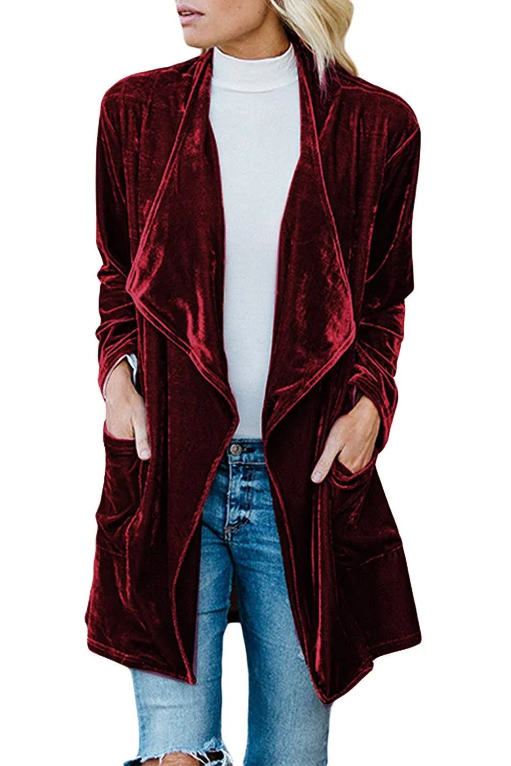 futurino Women's Solid Long Sleeve Velvet Jacket Open Front Cardigan Coat with Pockets Outerwear