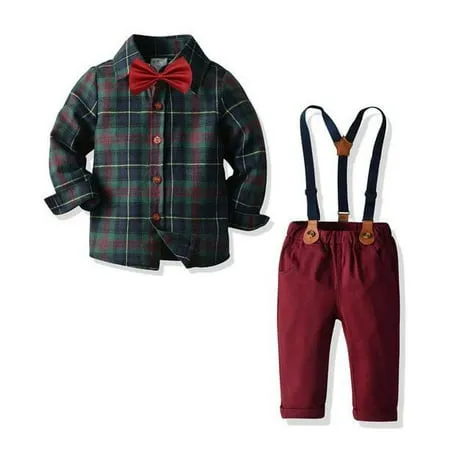 Laurenza s Baby Boys Clothes Plaid Dress Shirt with Bowtie Pants Outfits Set Flannel Christmas Photo Outfit 18M