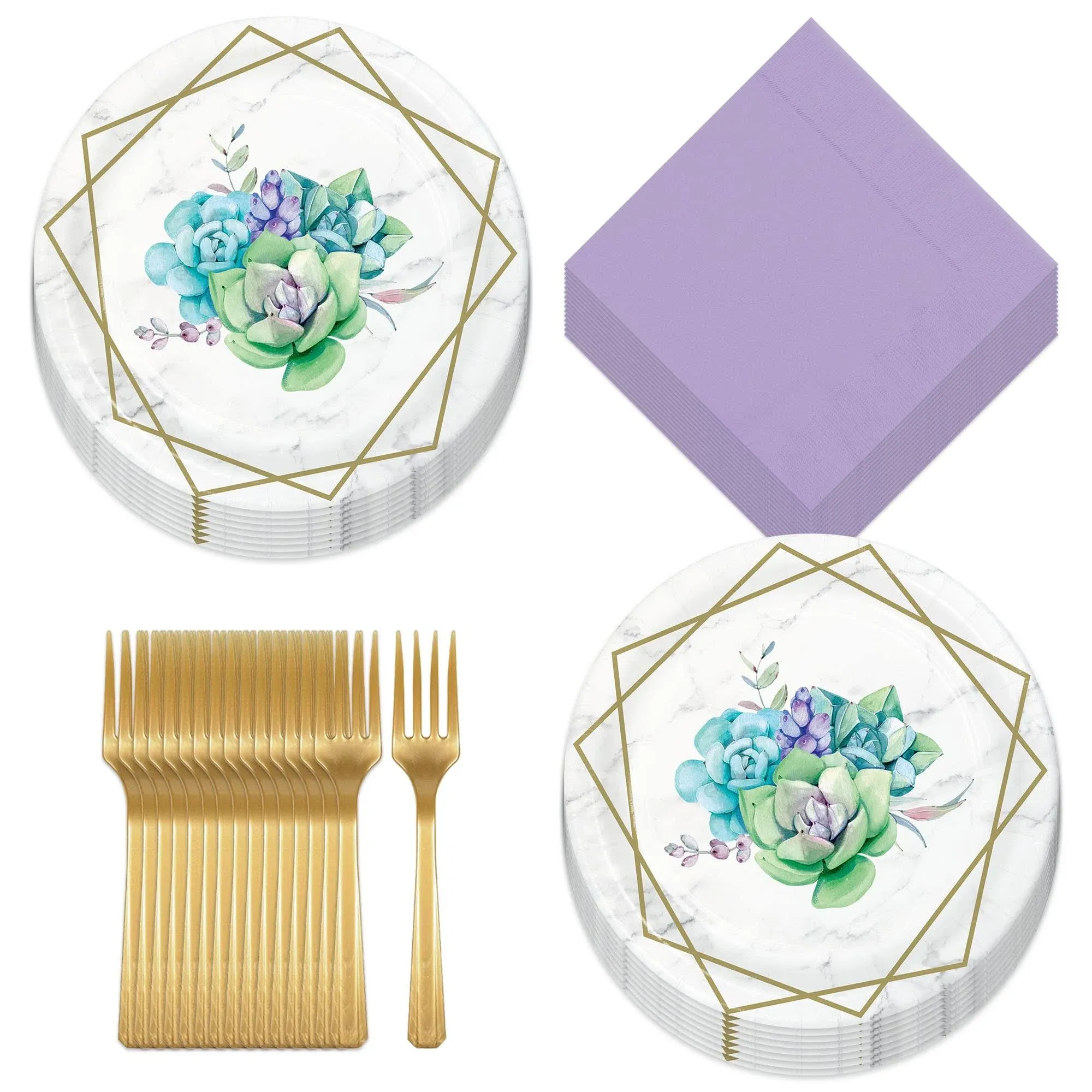 Geometric Succulents Bridal Party Supplies - Gold, Marble, and Floral Paper Dessert Plates, Beverage Napkins, and Forks (Serves 16)