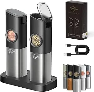 Sangcon Gravity Electric Salt and Pepper Grinder Set [Upgraded Larger Capacity] USB Rechargeable With Dual Charging Base - Automatic One Hand Operation - Adjustable Coarseness & LED Light Refillable