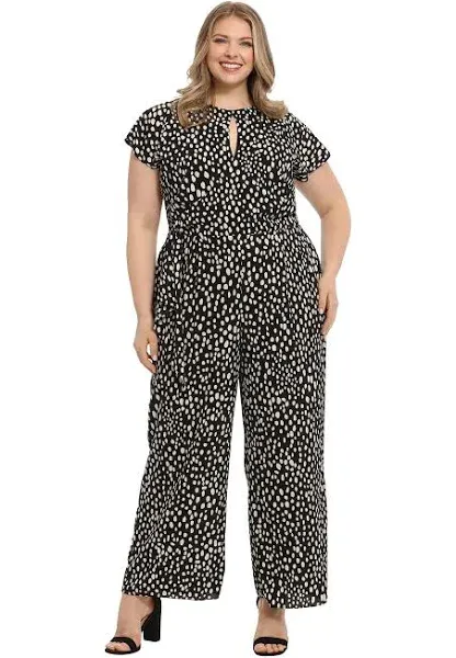 London Times Plus Size Printed Short Sleeve Crew Keyhole Neck Jumpsuit - 16W