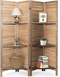 ECOMEX 4 Panel Wood Room Divider Screen - Freestanding Folding Privacy Screen with Shelves (Brown)