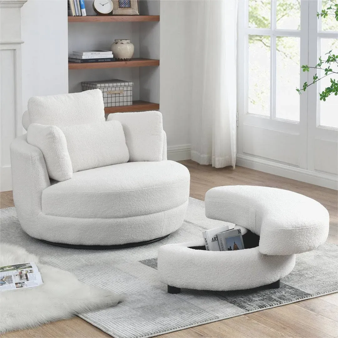 Antetek Swivel Chair with Storage Ottoman, Club 360 Degree Single Swivel Barrel Chair, Modern Leisure Arm Chair with Head & Back Pillows for Nursery, Living Room, Office, Ivory Teddy