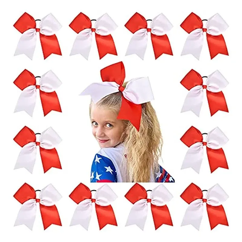 12 Pcs Large Cheer Bows 8&#034; Bulk Hair Bow Accessories with Ponytail Holder for...