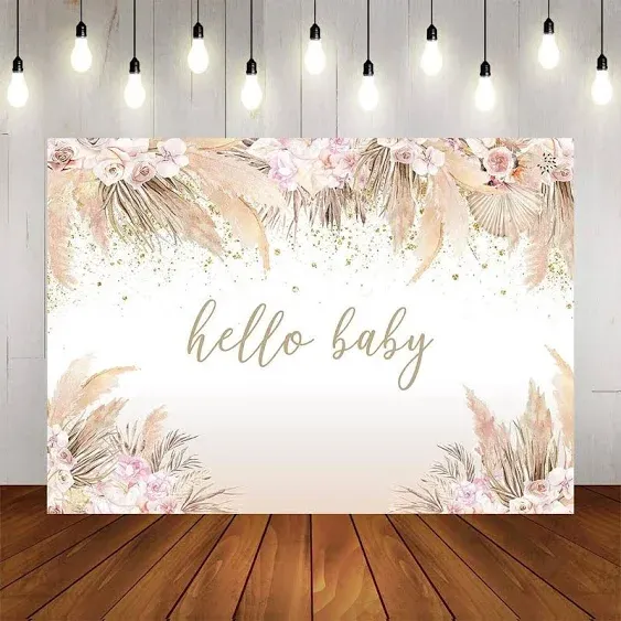 Mocsicka Boho Hello Baby Theme Backdrop Boho Chic Pink Flowers Baby Shower Ba...