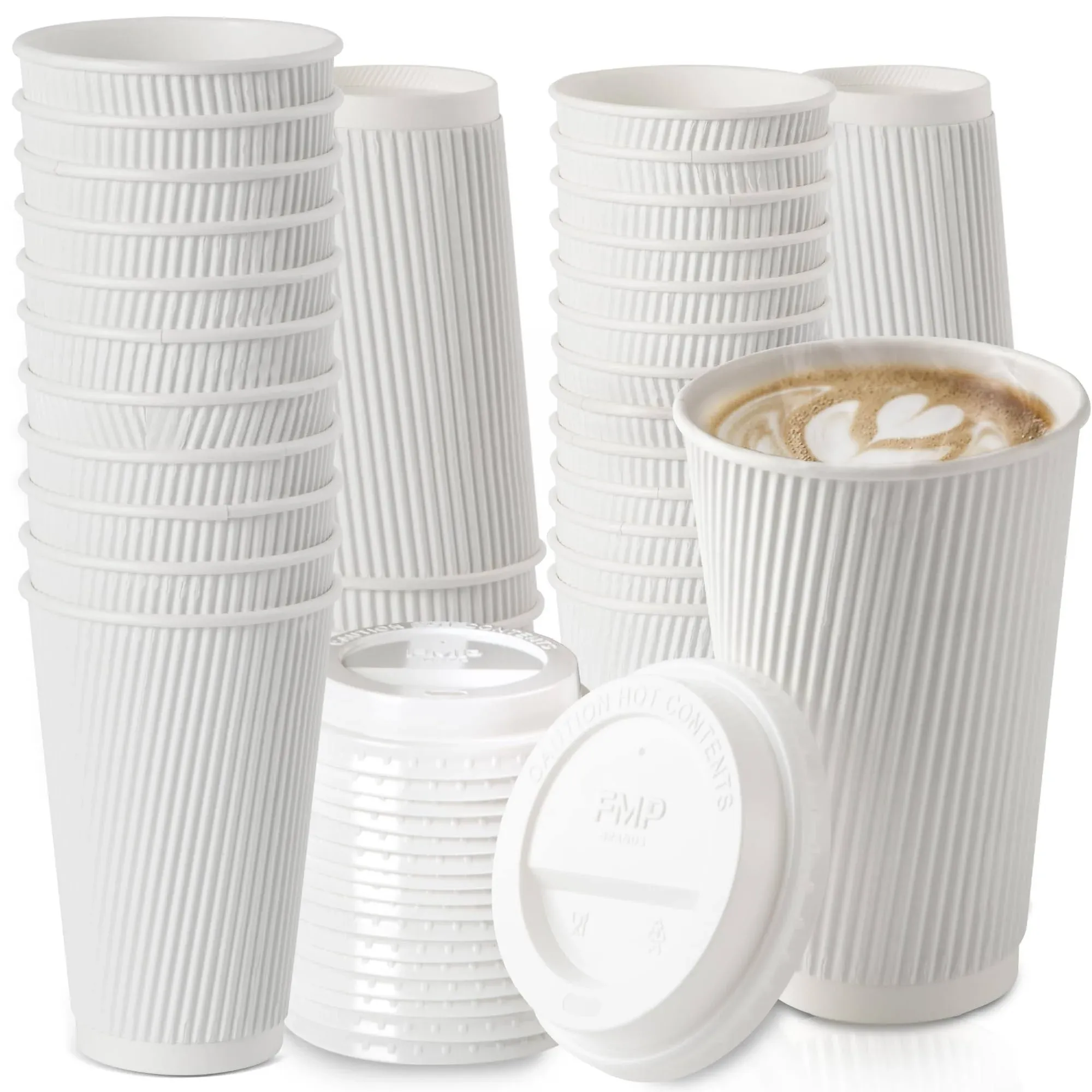 Fit Meal Prep [50 Pack] Disposable Hot Cups with Lids - 16 oz White Double Wall Insulated Ripple Sleeves Coffee Cups with White Dome Lid - Kraft