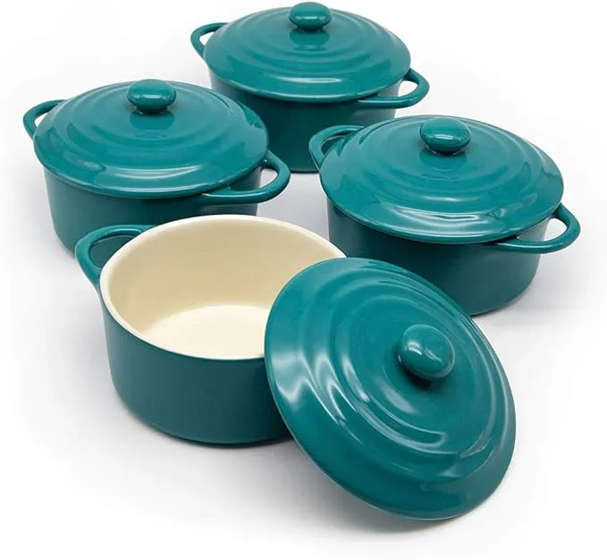 Kook Ceramic Mini Cocotte Set, Small Casserole Dishes with Lids and Handles, Individual Baking Ramekins, Oven, Microwave & Dishwasher Safe, Stoneware, 12 oz, Set of 4