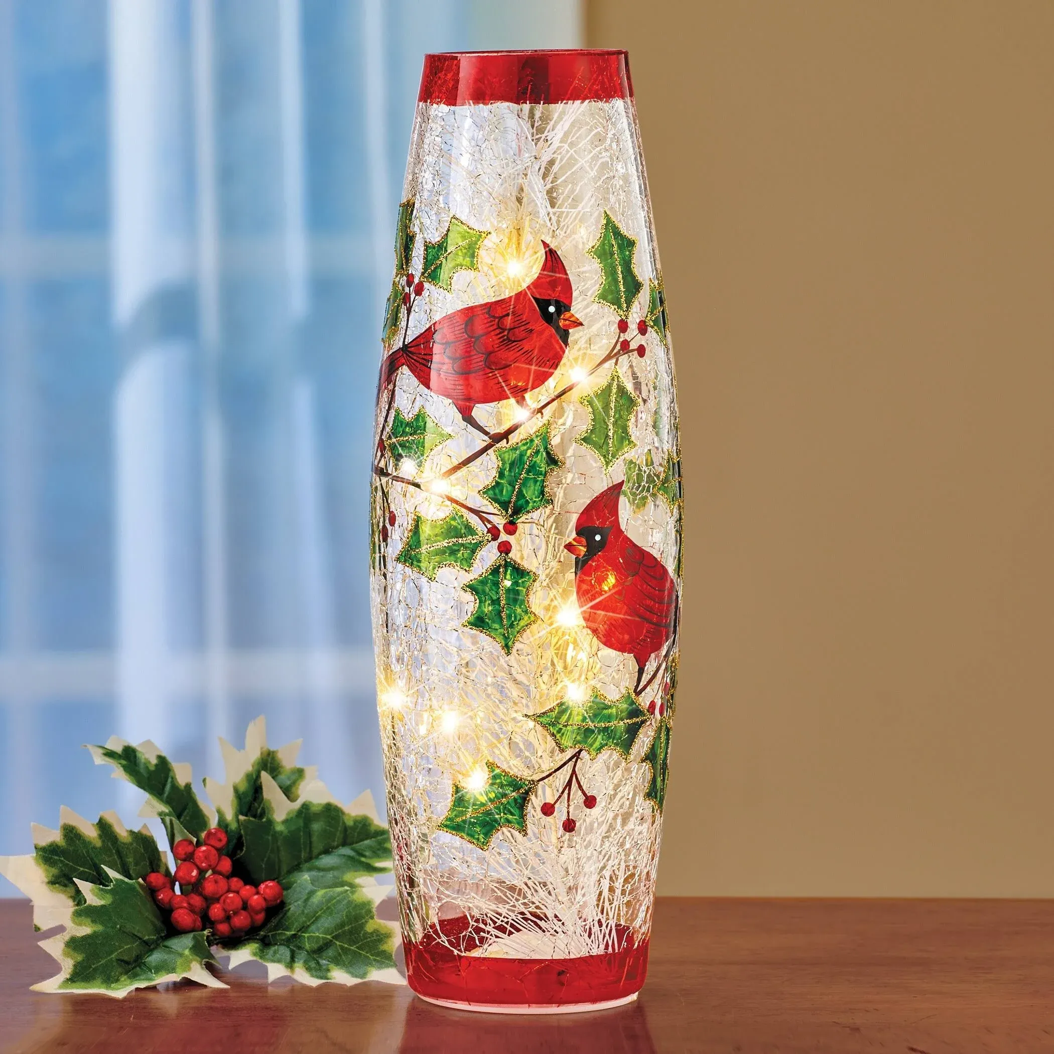 LED Holly Cardinal Crackled Glass Hurricane Lamp