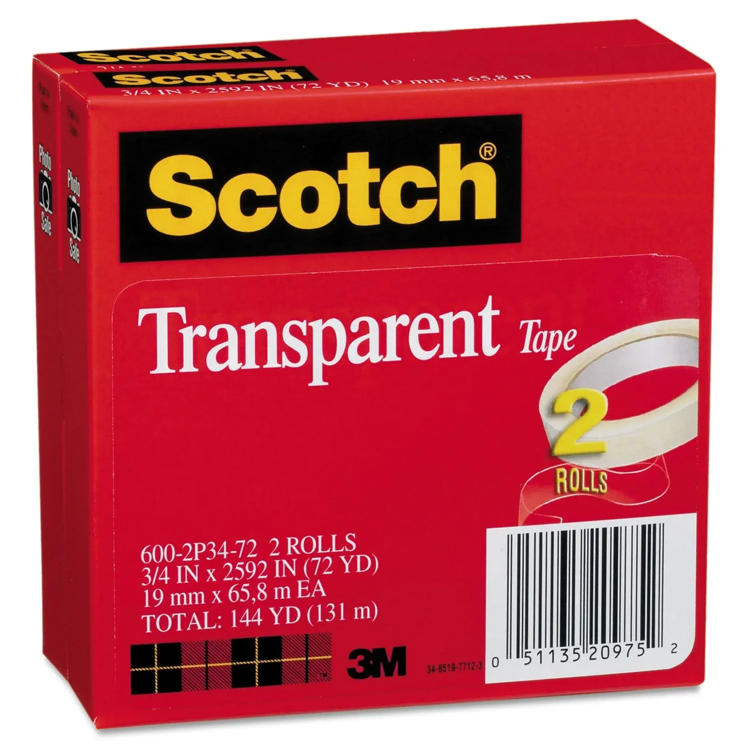 Scotch Transparent Tape, 3" Core, 0.75" x 72 yds, Transparent, 2-Pack