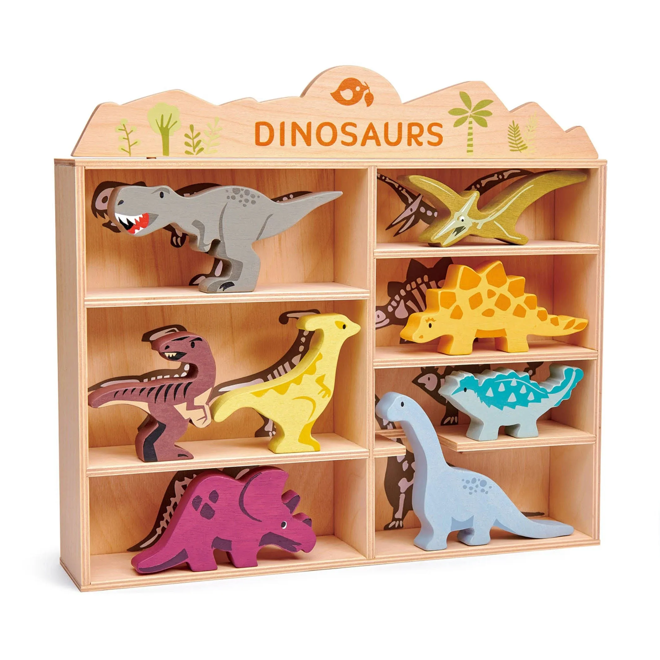 Tender Leaf Toys Wooden Dinosaur Animal Shelf with Tyrannosaurus Rex, Velociraptor, Parasaurolophus, Triceratops, Pterodactyl, Stegosaurus, Ankylosaurus and Brontosaurus Toy