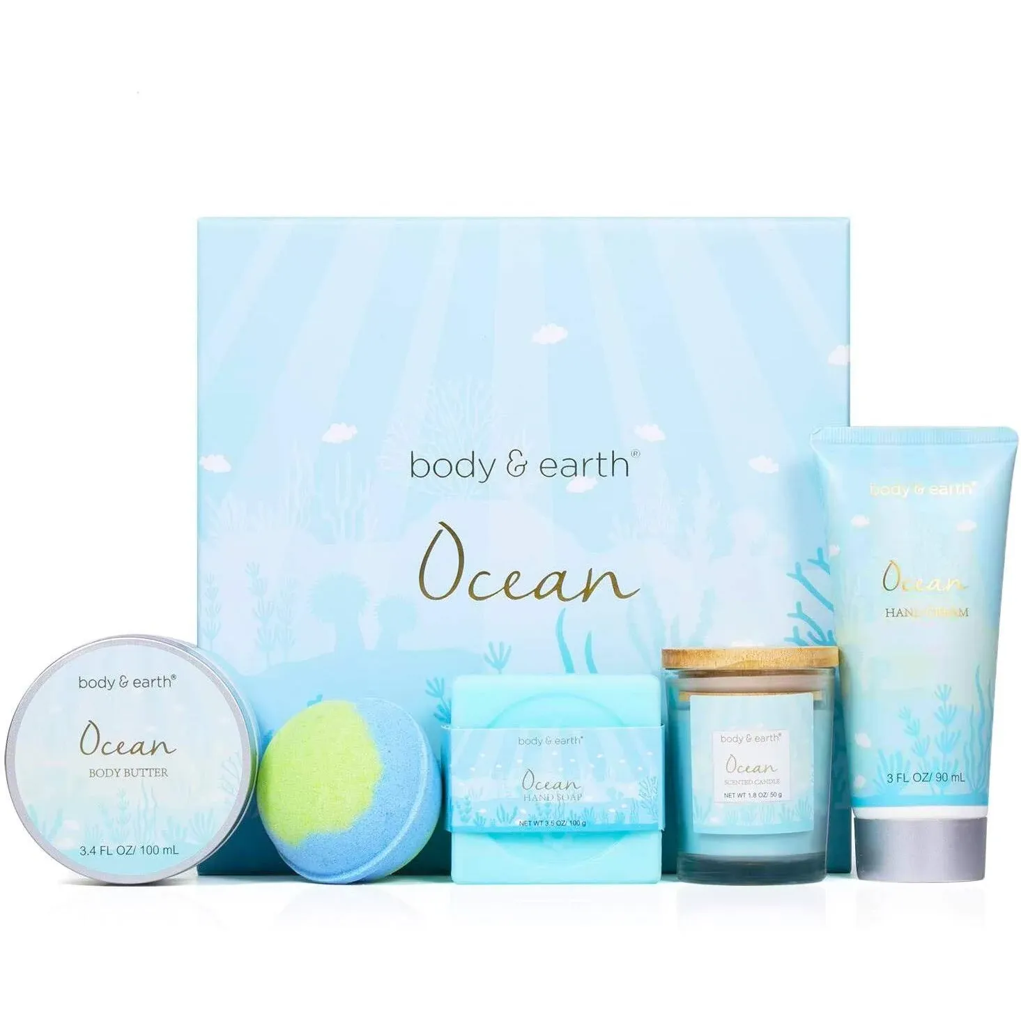 Gifts for Women, Bath Set with Ocean Scented Spa Gifts for Her, Includes Scented Candle, Body Butter, Hand Cream, Bath Bar and Bomb, 5 Pcs Bath Gift Sets, Gifts Set for Women, Gifts for Mom