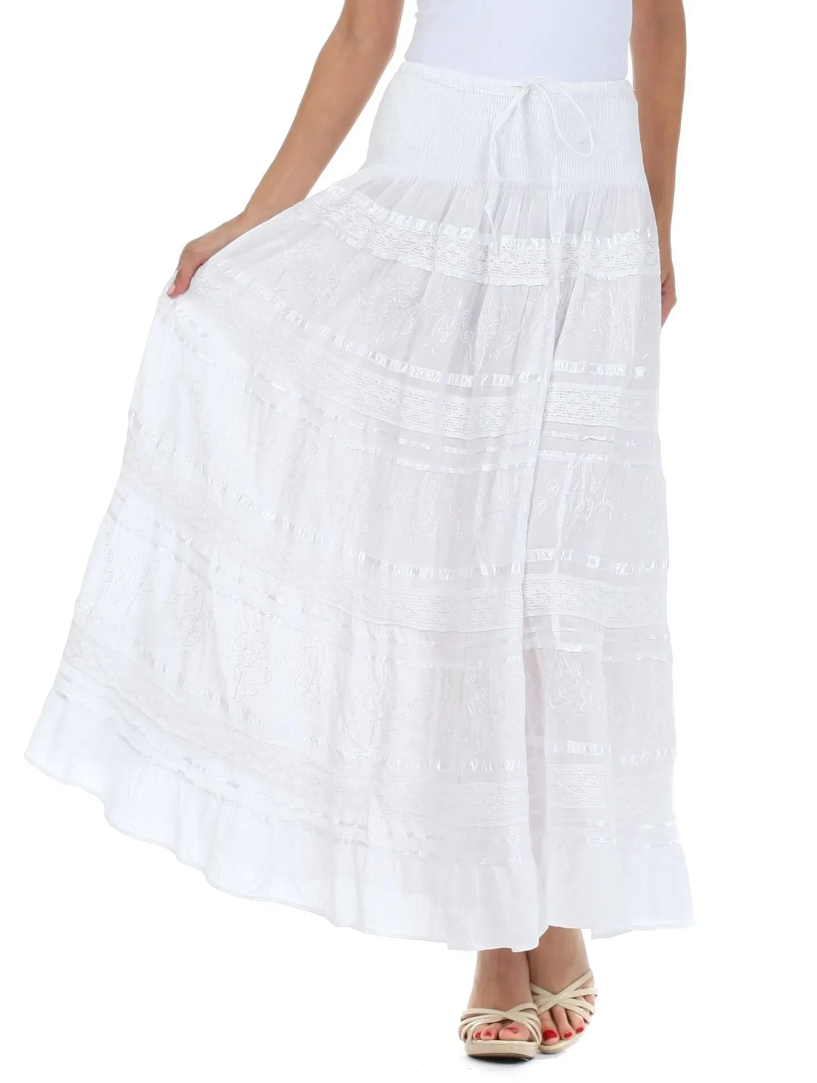 Sakkas Lace and Ribbon Peasant Boho Skirt One Size / White