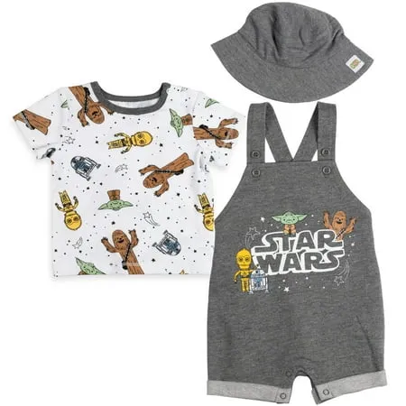 Star Wars Chewbacca R2-D2 Yoda Baby French Terry Short Overalls T-Shirt and Hat 3 Piece Outfit Set Baby to Baby