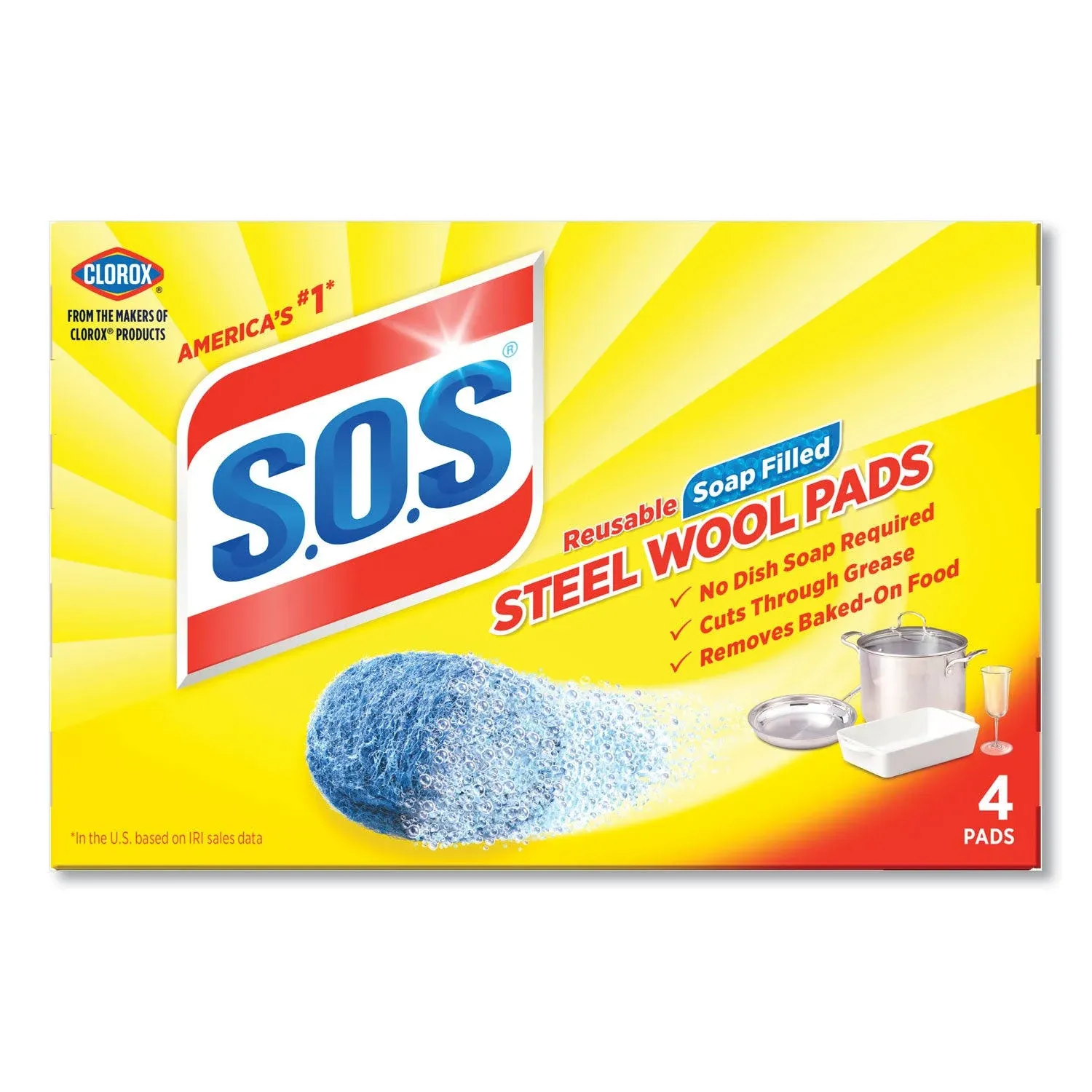 Clorox S.O.S. Steel Wool Soap Pads, Reusable with Anti-Rust Protection, 4 Count