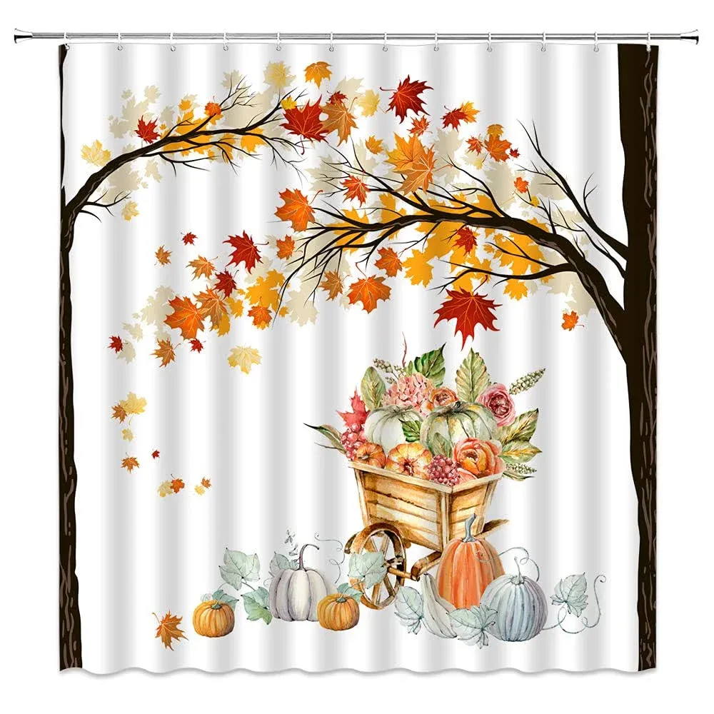 showchang Fall Shower Curtain Pumpkins Maple Leaves Autumn Thanksgiving Farmhouse ...