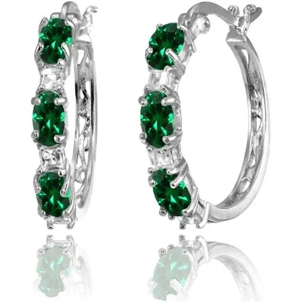 Sterling Silver Oval Created Emerald & Princess-Cut White Topaz Filigree Hoop Earrings