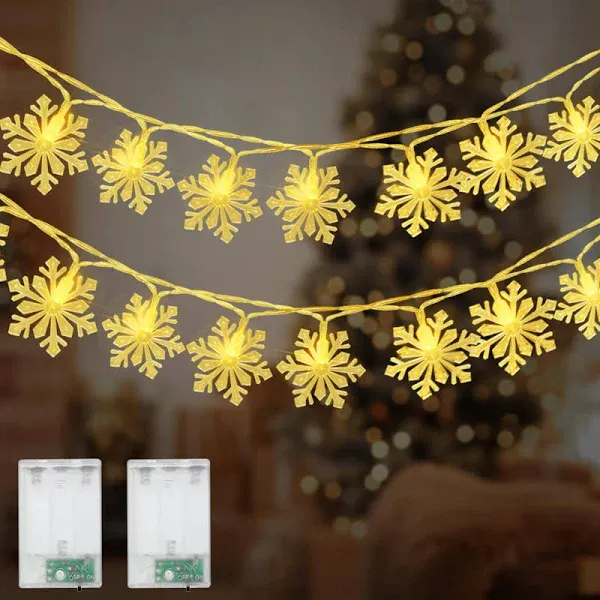 2 Pack Christmas String Lights Battery Operated, Snowflake Fairy Lights 26Ft 80 