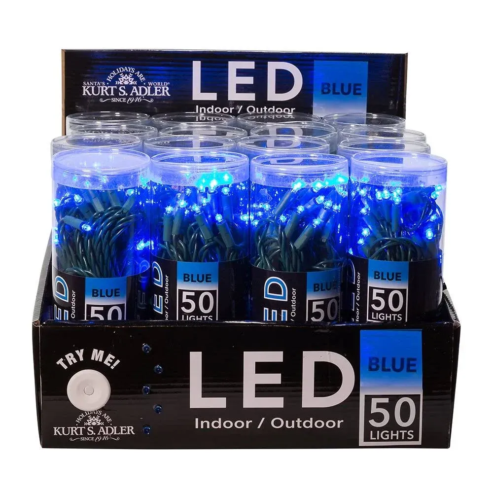 50-Light 5MM BLUE LED Green Wire Light Set CHRISTMAS 25.5&#039; Adler UL4100B NEW