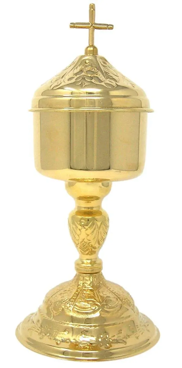 Solid Brass Gold Tone Church Eucharist Host Ciborium with Cross Top Lid 10 Inch