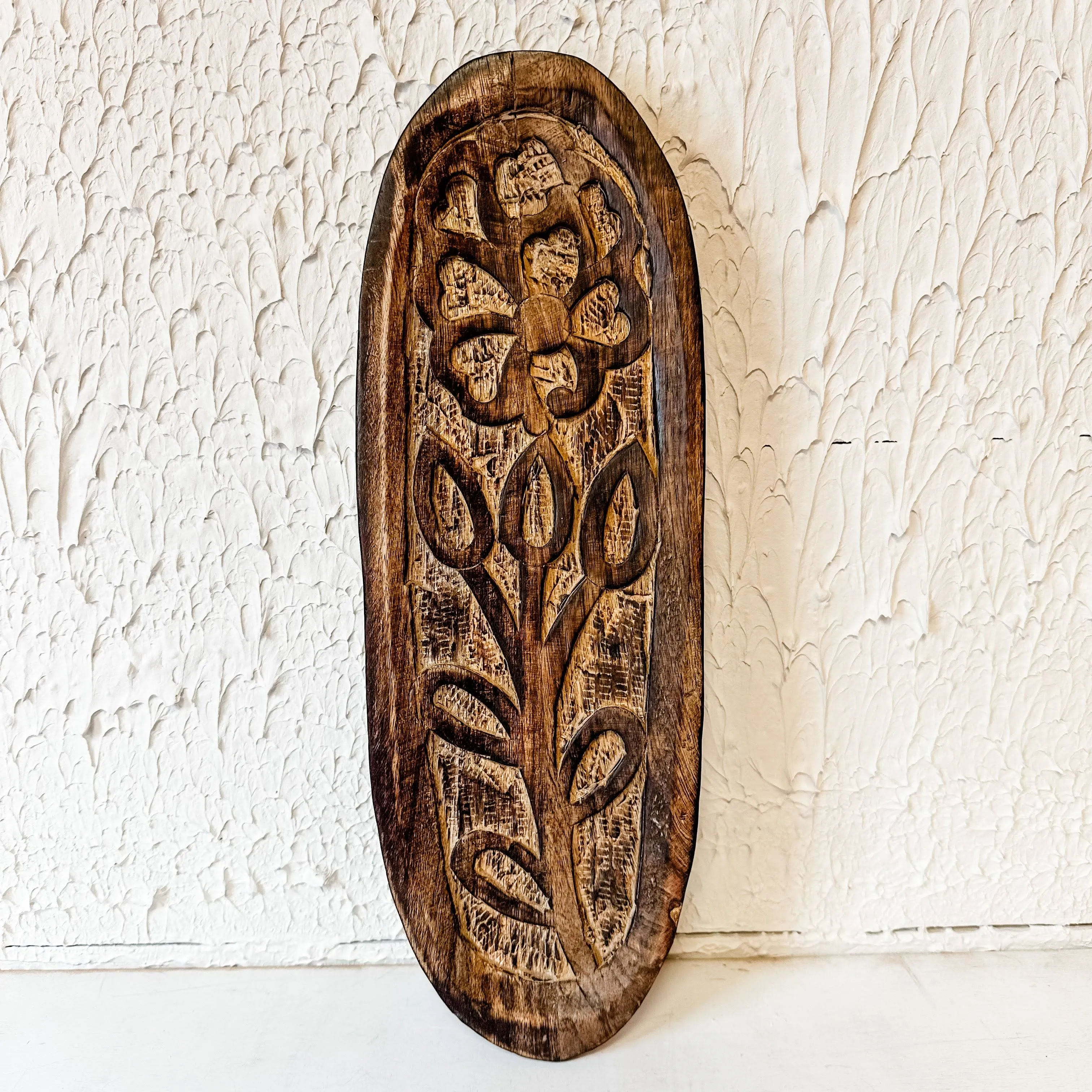 Creative Co-op Boho Decorative Wood Carved Floral Design, Natural Tray