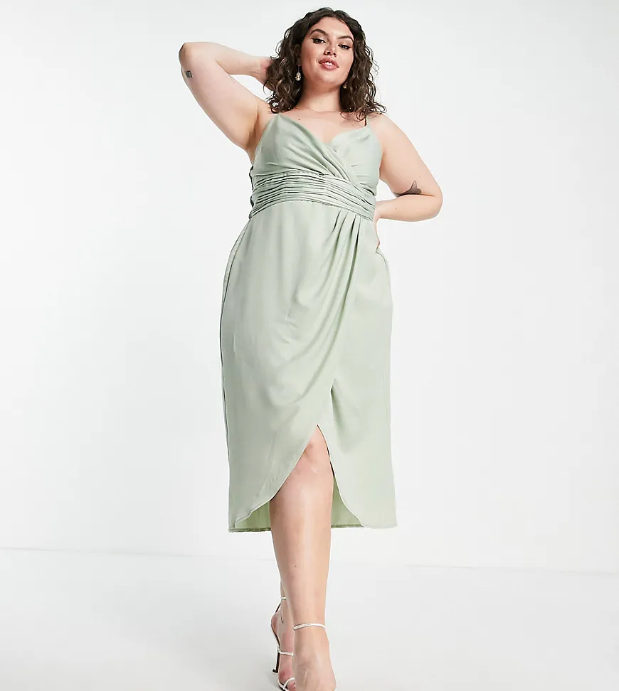 Little Mistress Bridesmaid Plus satin wrap dress in sage green