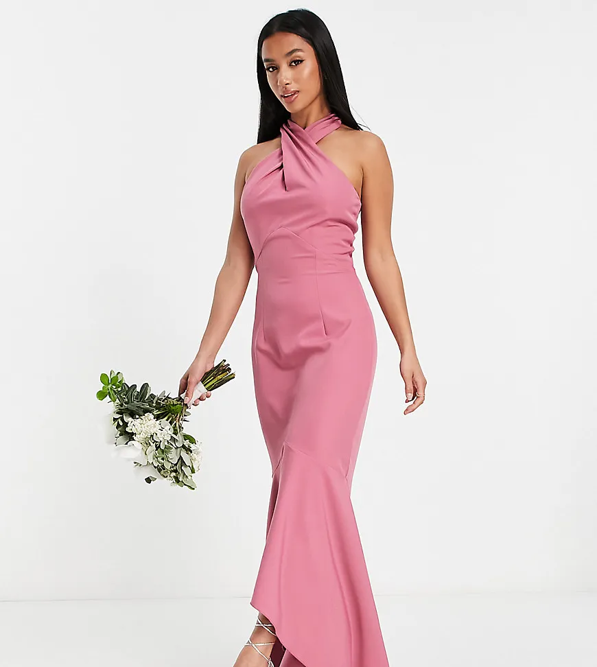 Little Mistress Petite Bridesmaid cross front midi dress in dark pink