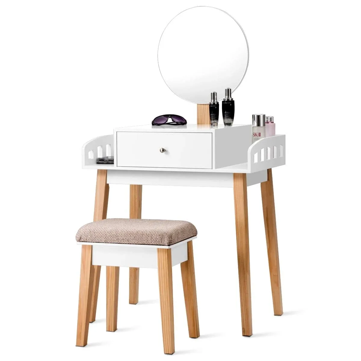 Costway Wooden Vanity Makeup Dressing Table Stool Round 1 Drawer