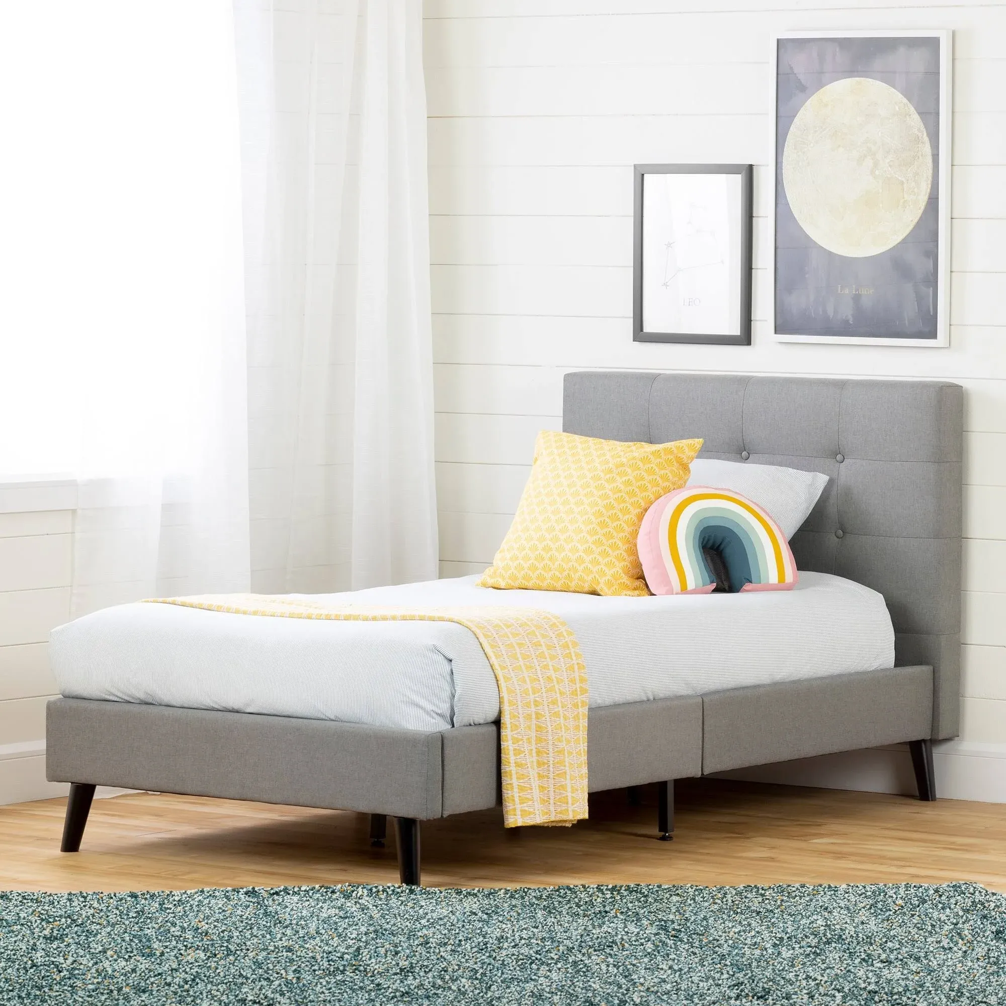 South Shore Medium Gray Fusion Padded Upholstered Platform Bed and Headboard-Twin