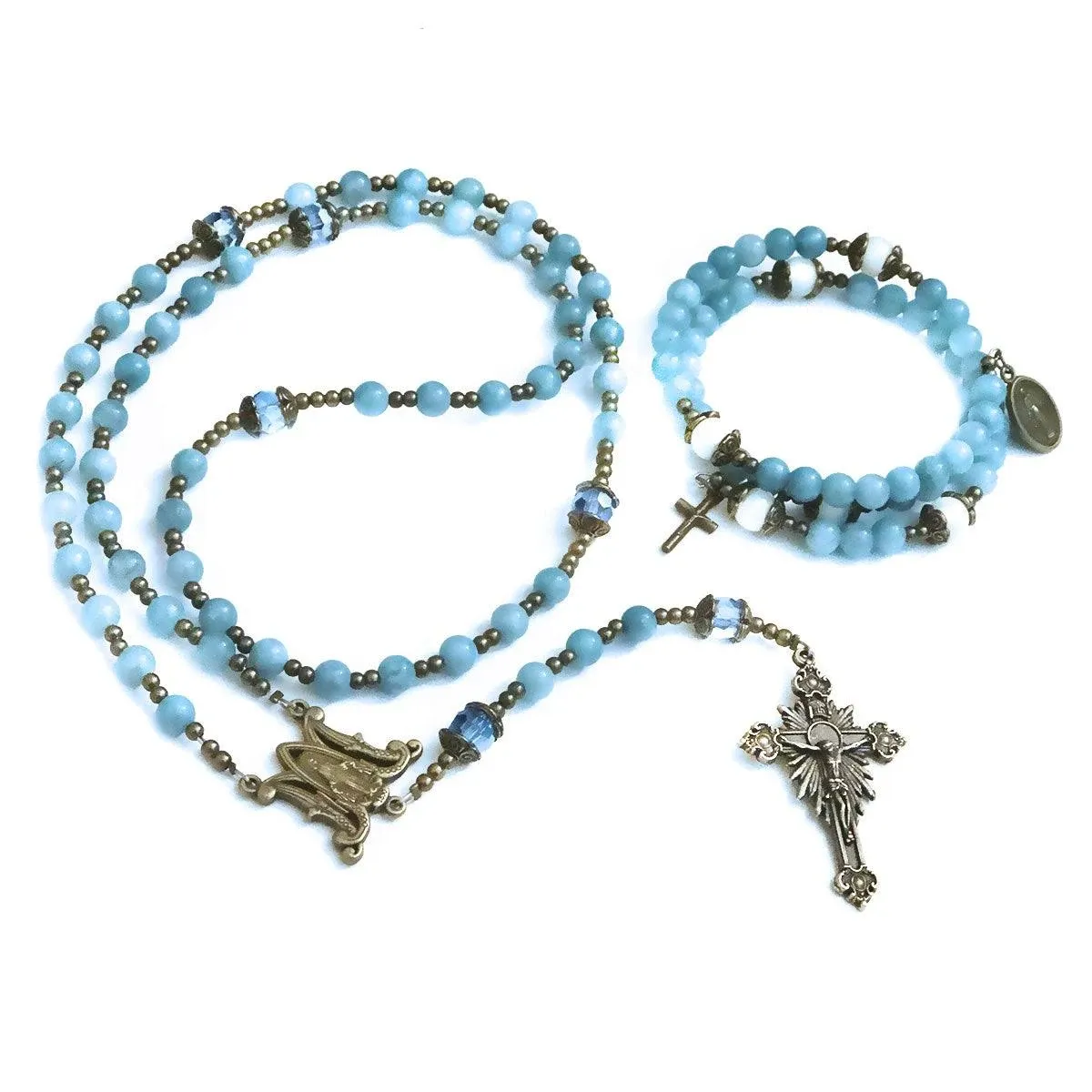 Our Lady of Grace Aquamarine Jade Stone Rosary and Bracelet Set by Catholic Heirlooms