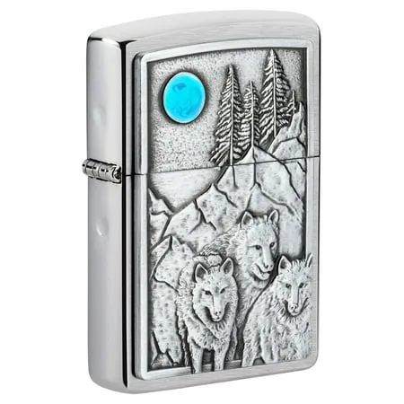 Zippo Windproof Lighter - Wolf Pack and Moon Emblem Design Brushed Chrome | 49295