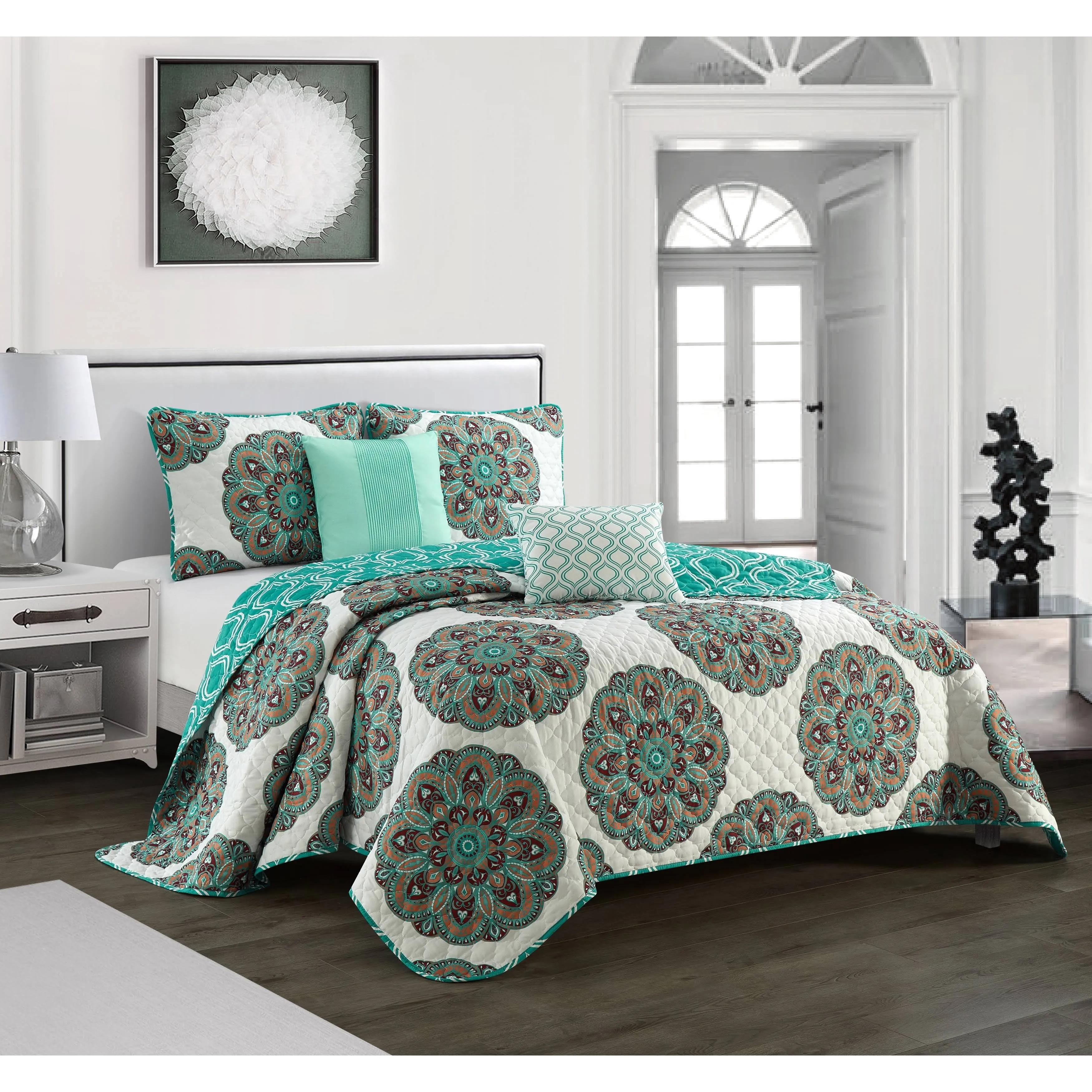 5pc King Durnik Reversible Quilt Set Teal - Idea Nuova