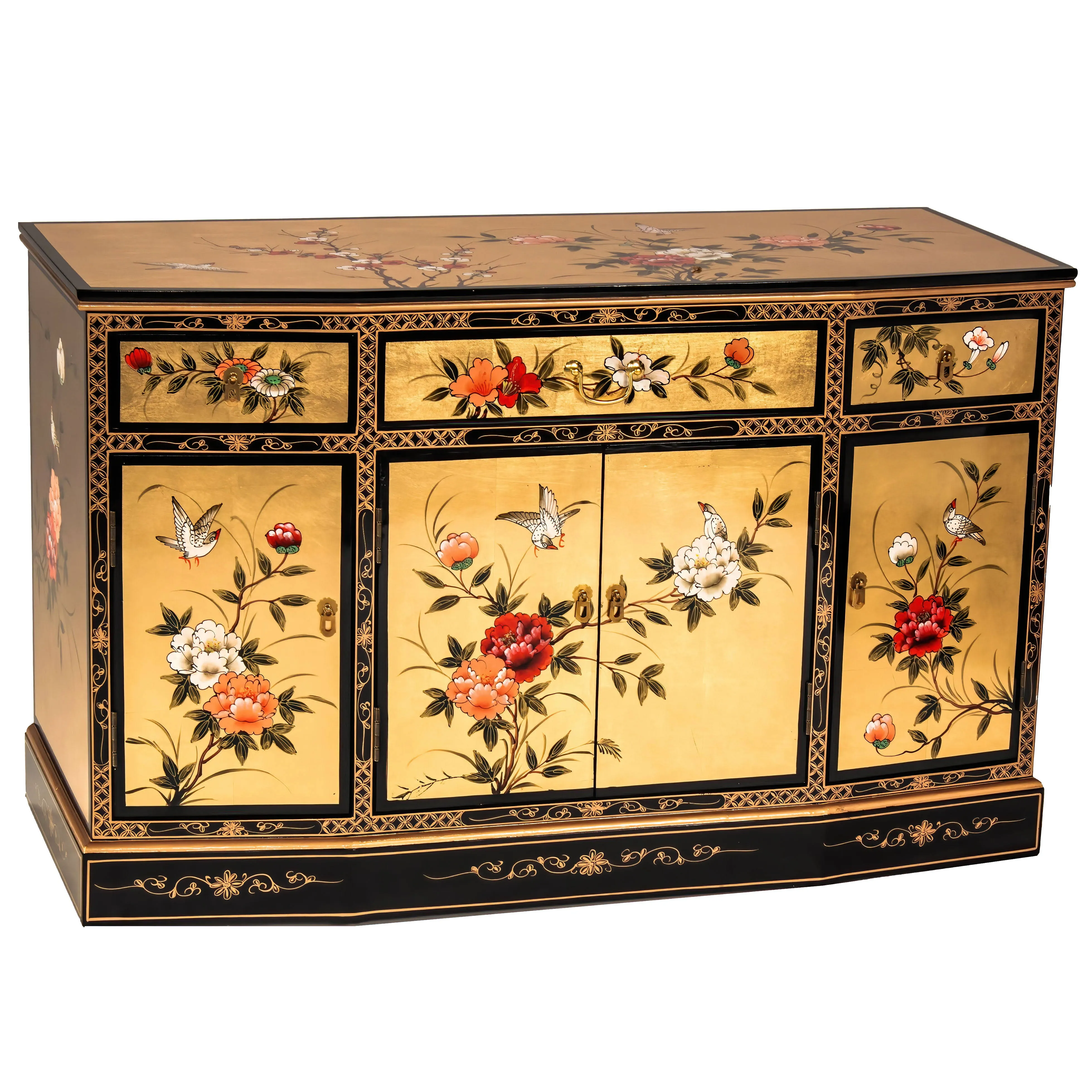 Gold Lacquer Slant Sideboard Birds and Flowers - Asian - Buffets And Sideboards - by Oriental Furniture | Houzz