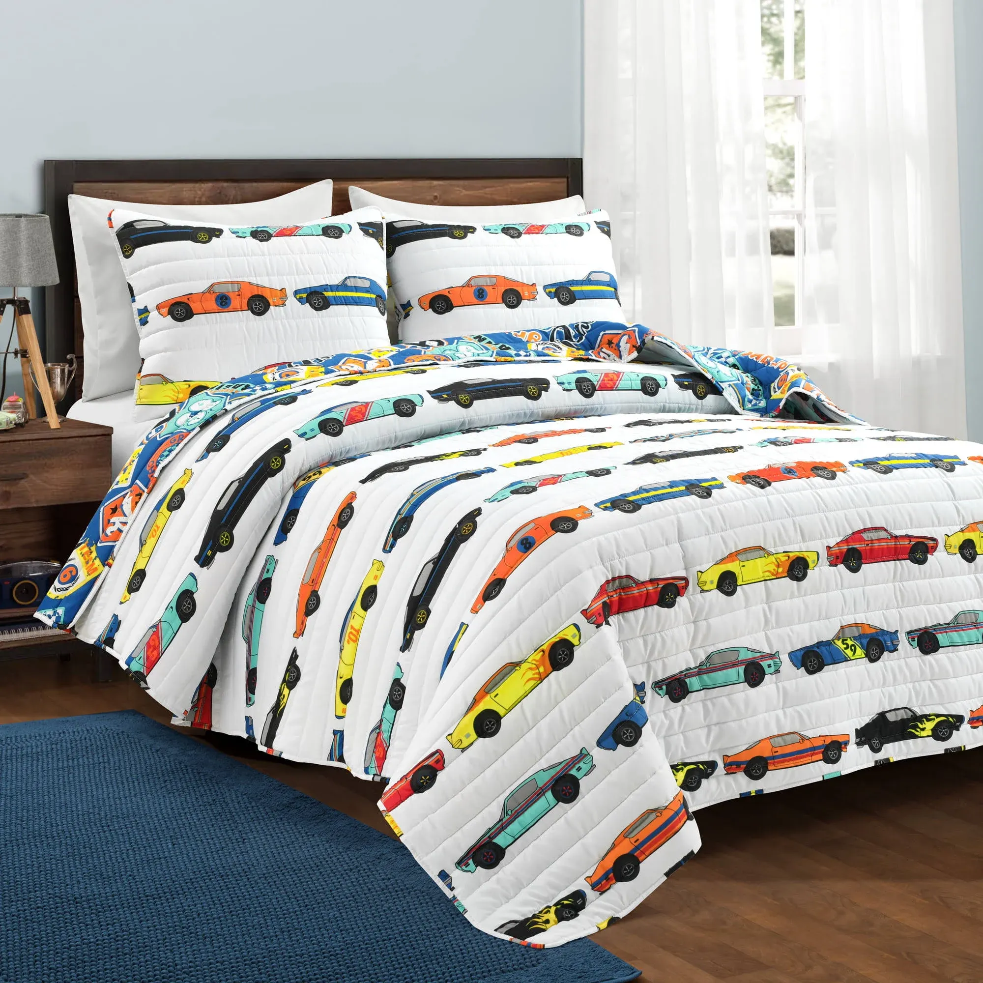 Lush Decor Race Cars Kids Polyester Reversible Quilt, Full/Queen, Blue/Orange, 3-Pc Set